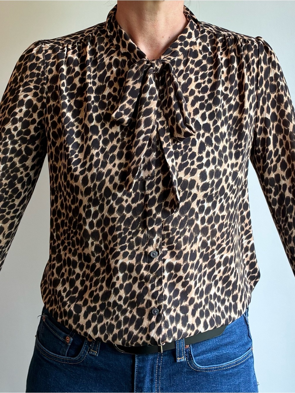 Animal Print Tie-Neck Blouse in Beige and Black